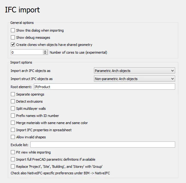 FreeCad preferences import-export ifc dialog box