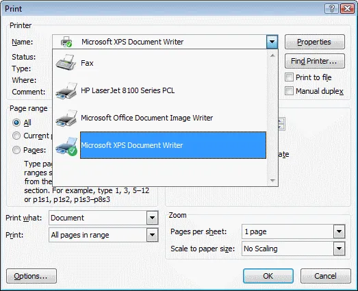 Microsoft XPS document writer dialog